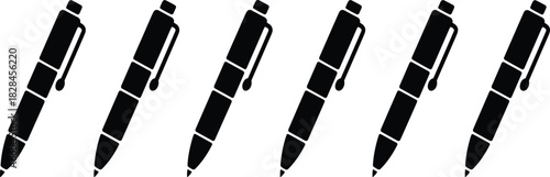 Black pen silhouettes, stationery icon, office supply vector, minimal pen design, clip detail, segmented body, isolated illustration, seamless repetition