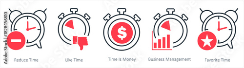 A set of 5 business icons as reduce time, like time, time is money