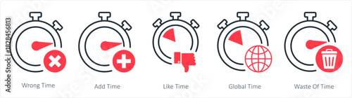 A set of 5 business icons as wrong time, add time, like time