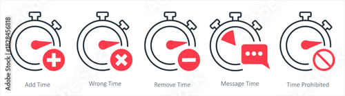 A set of 5 business icons as add time, wrong time, remove time