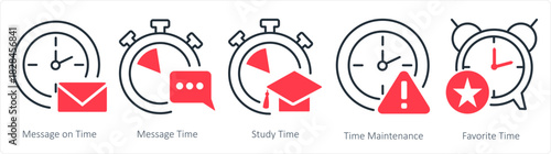 A set of 5 business icons as message on time, message time, study time