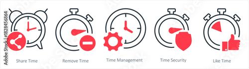 A set of 5 business icons as share time, remove time, time management