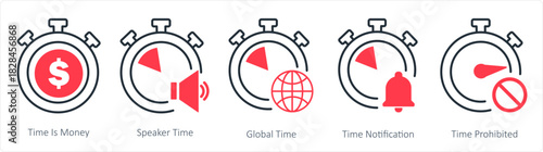 A set of 5 business icons as time is money, speaker time, global time
