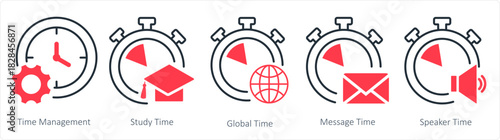A set of 5 business icons as time management, study time, global time