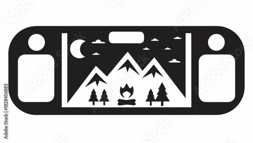 Portable gaming console shows relaxing camping scene with mountains and campfire, perfect for travel guides or outdoor tech product demos, vector design