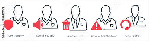 A set of 5 business icons as user security, listening music, remove user
