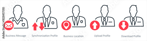 A set of 5 business icons as business message, synchronization profile, business location