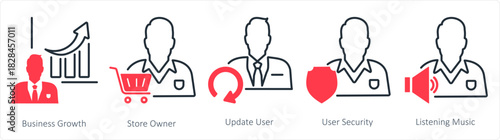 A set of 5 business icons as business growth, store owner, update user