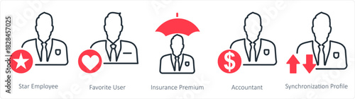 A set of 5 business icons as star employee, favorite user, insurance premium