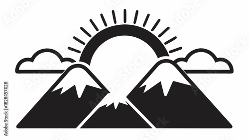 Stunning mountain range silhouette with sun rising between peaks and fluffy clouds, perfect for adventurous travel and outdoor branding initiatives