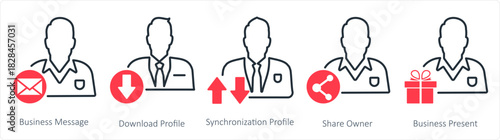 A set of 5 business icons as business message, download profile, synchronization profile
