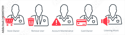 A set of 5 business icons as store owner, remove user, account maintenance