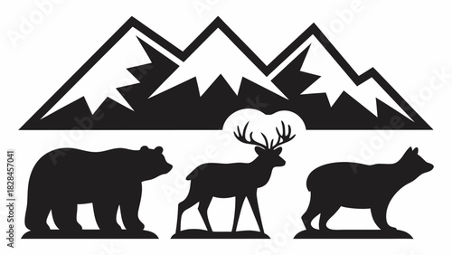 Majestic mountain wildlife scene featuring a deer, bears and snowy peaks, perfect for nature lovers, outdoor adventure brands and environmental campaigns.