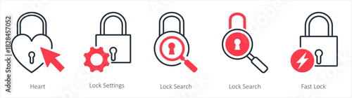 A set of 5 business icons as heart, lock setting, lock search