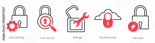 A set of 5 business icons as lock settings, lock search, settings