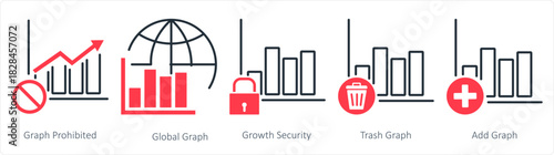 A set of 5 business icons as graph prohibited, global graph, growth security