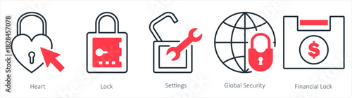 A set of 5 business icons as heart, lock, settings