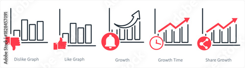 A set of 5 business icons as dislike graph, like graph, growth
