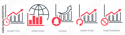 A set of 5 business icons as growth time, global graph, increase