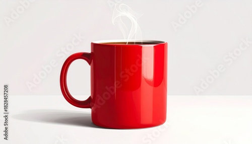 A red ceramic coffee mug releases steam—ritual of warmth and pause, where glossy curves and rising vapor choreograph the quiet comfort of daily rhythm and emotional stillness.