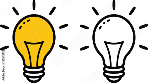 Light bulb icons, cartoon style vector, idea and energy concept, on off comparison, creativity symbol, white background, minimal design