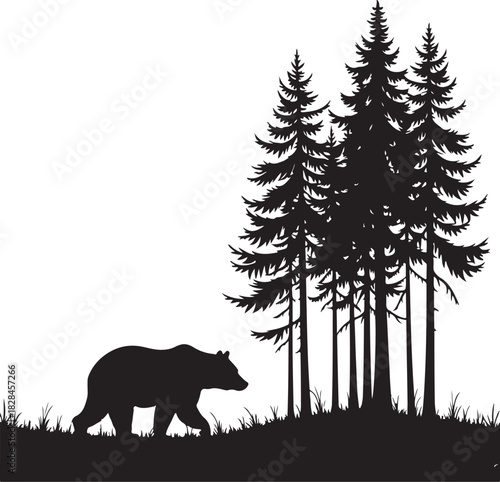 Black silhouette of a bear walking in a forest of pine trees