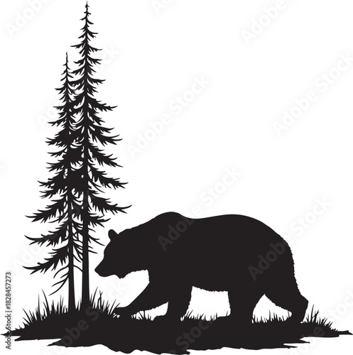 Black silhouette of a bear walking near pine trees