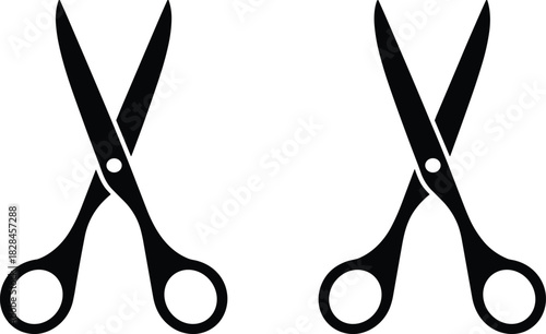 Mirrored scissors icon, black silhouette vector, cutting tool illustration, symmetrical design, duplicate scissors graphic, white background, minimal style