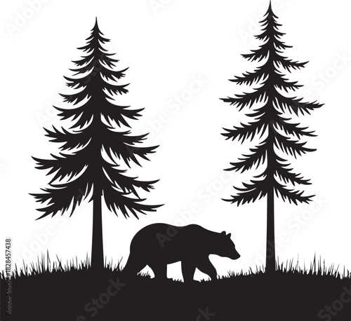 Black silhouette of a bear walking through grass between two pine trees
