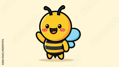 Adorable cartoon bee illustration with yellow and black stripes blue wings and a cheerful waving gesture.