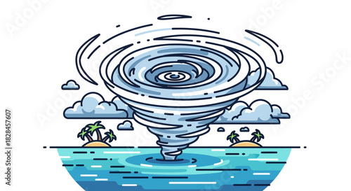 Stylized tropical cyclone over ocean with islands, clouds, and dynamic swirling vortex formation