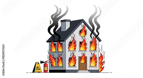 House engulfed in flames a cautionary cartoon depiction of property destruction and safety reminders
