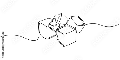One continuous line illustration of stacked ice cubes, isolated on white background, Continuous line drawing of three ice cubes melting on a surface. Vector illustration, One continuous line.