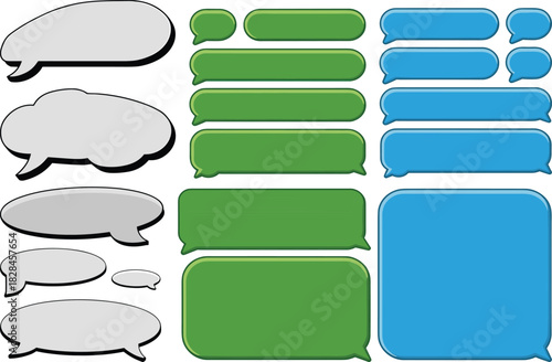 Speech bubble icons, text message graphics, comic-style dialog boxes, communication symbols, colorful vector set, chat design, 