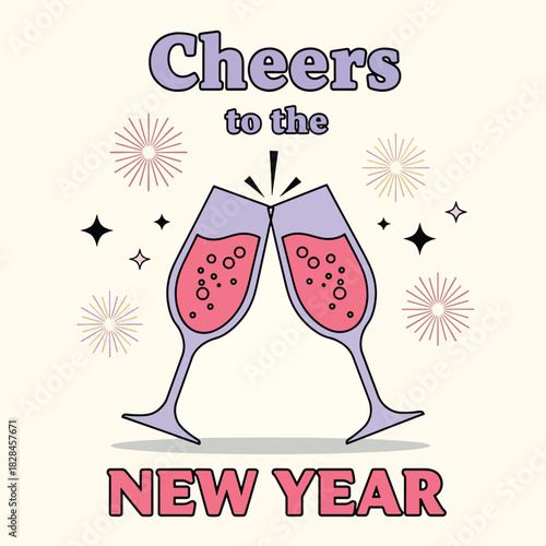 Cheers to the New Year toast with clinking champagne flutes and pink bubbly drink.