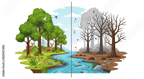 Comparison depicting contrasting landscapes showcasing climate change effect with different seasons