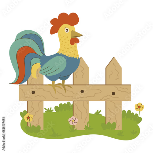 Vibrant vector illustration of a colorful rooster perched on a wooden fence surrounded by flowers and grass. It features a bright, multicolored tail and a cheerful demeanor.