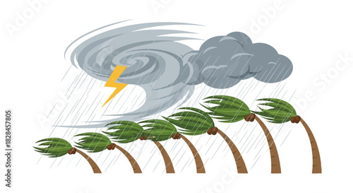 Dramatic depiction of a tropical cyclone approaching land with heavy rain and swaying palms