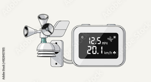 A schematic illustration of a digital anemometer with speed display, showing wind conditions and
