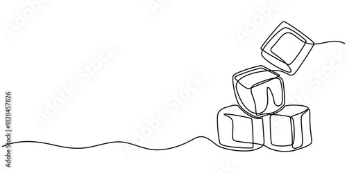 One continuous line illustration of stacked ice cubes, isolated on white background, Continuous line drawing of three ice cubes melting on a surface. Vector illustration, One continuous line.