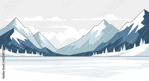 Cartoon illustration of a scenic winter landscape featuring snow-covered mountains and evergreen