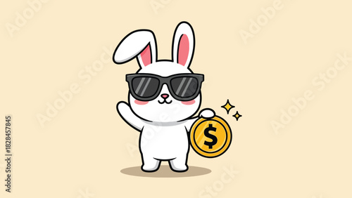 Cool cartoon white rabbit wearing sunglasses holding a golden dollar coin 1.