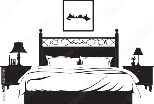 Black silhouette of a bed with nightstands and framed art