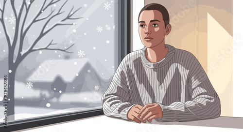 Serene contemplation of a young person during snowy winter season indoors by the window