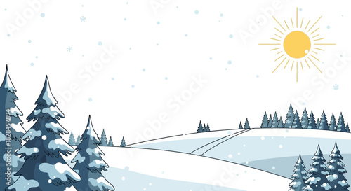 Serene snowy landscape with evergreen trees and a bright sun under a clear sky scene