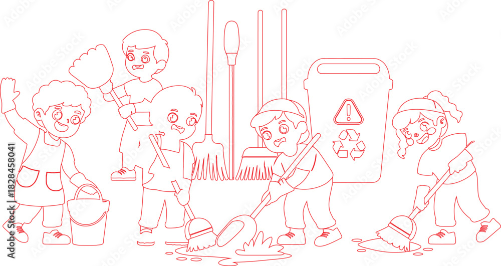 Obraz premium Cartoon Children Cleaning with Brooms, Mops, and Bucket in Red Outline Illustration Style