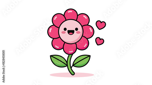 Cute cartoon flower with happy face pink petals green stem leaves and loving hearts illustration.