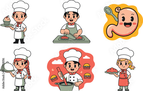Cartoon Chefs and Happy Stomach Illustration, Different Culinary Tasks and Chefs at Work in a White Background