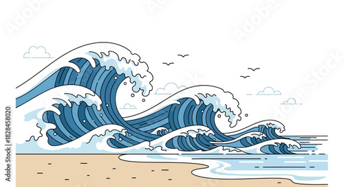 Stylized seascape illustration showcasing stylized ocean waves on a sandy beach in a serene ambiance