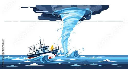 Illustration of a Fishing Boat Caught in a Waterspout Storm Amidst Turbulent Seas